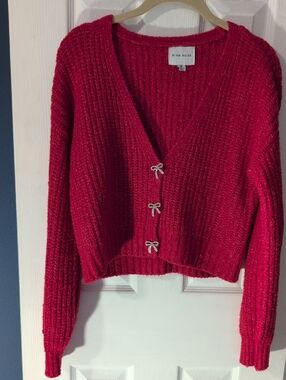 Pink Rose Red V-Neck Ribbed Knit Cardigan with Bow Buttons